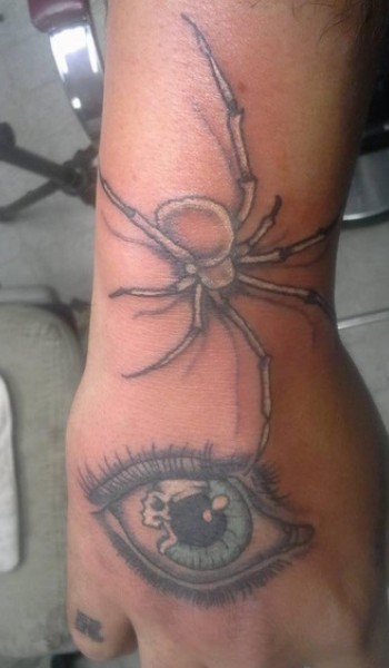 white spider walking towards an eye